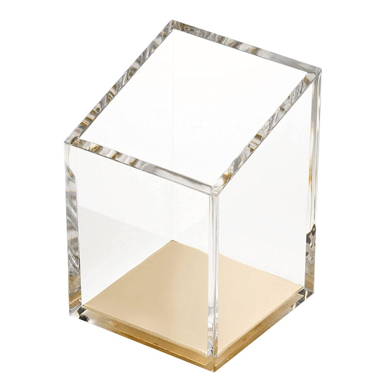 OfficeGoods Acrylic Pen & Pencil Holder - Modern Trapezoid Design - Beautiful Desk Organizer for Home or Office - Contrasting Metal Base - 3" Square w/ 3.5" Front & 4.5" Back - Gold - Image 1